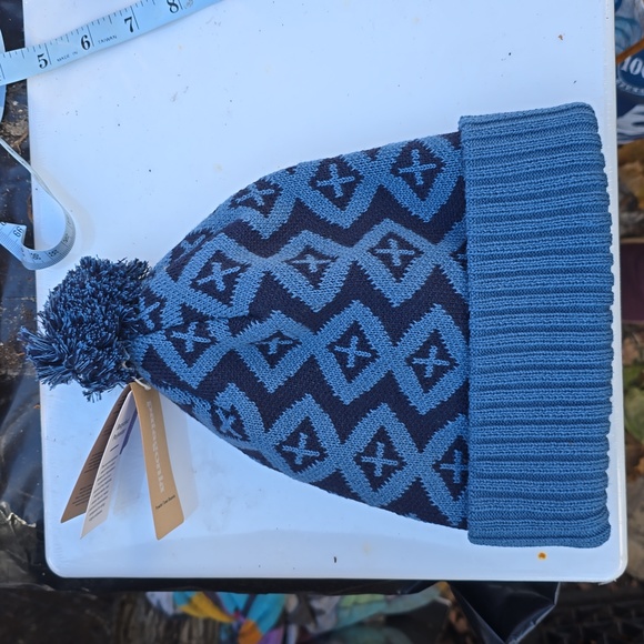 PATAGONIA Powder Town Beanie Pom Blue Wavy Pinecone Pattern Winter Hat NWT - Picture 5 of 7